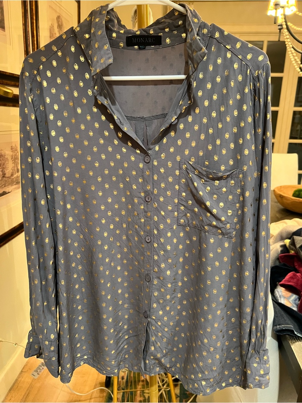 Women’s Anthropologie Gray Shirt with Gold Dot Print